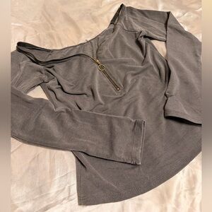 Gray Off-Shoulder Blouse with Gold Zipper